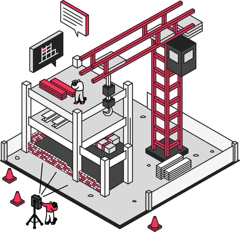 An illustration of a building under construction being scanned by a Matterport camera