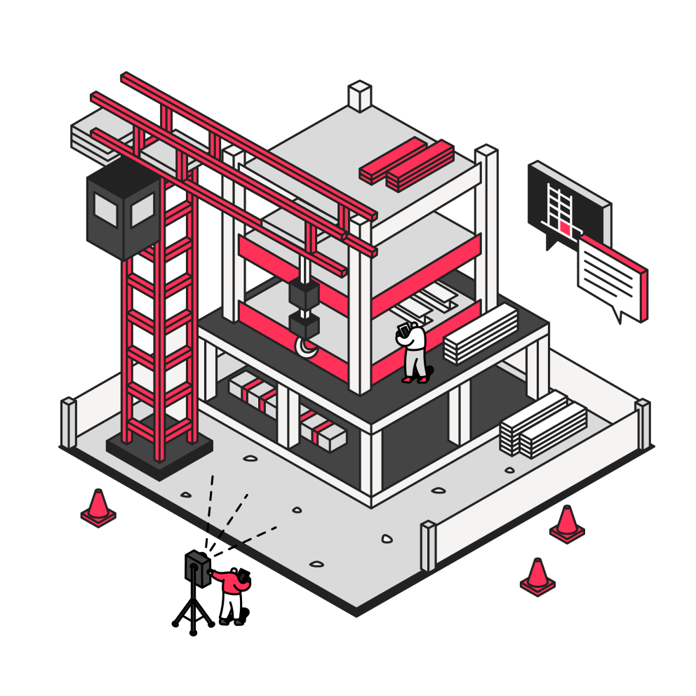 An illustration of a building under construction being scanned by a Matterport camera