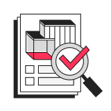 An icon of a magnifying glass over some charts